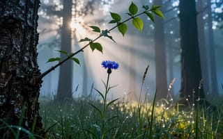 Картинка василёк, синий цветок, солнечные лучи, 16:9, капли росы, кора дерева, 4k, нейросеть, роса на траве, туманная дымка, лесной пейзаж, атмосферная, эффект боке, HD, утренняя свежесть, зелёные листья, рабочий стол, 1920х1080, ствол дерева, молодая ветка