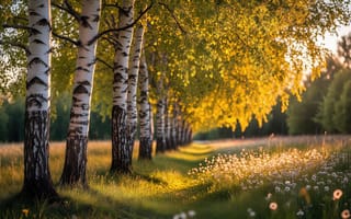 Картинка берёзовая роща, белая кора, природный пейзаж, стройные стволы, гармония природы, мягкий свет заката, лесная тропинка, рабочий стол, высокая трава, природная эстетика, спокойная атмосфера, уходящая вдаль аллея, солнечный свет, летний вечер, лучи солнца, 16:9, зелёные кроны, игра света и тени, умиротворённый вид, 1920х1080, ИИ, 4k, тёплые оттенки, русская природа, естественная красота, воздушная дымка, нежные соцветия, чёрные узоры на коре, нейросеть, HD, полевые цветы, 2k, золотистая листва