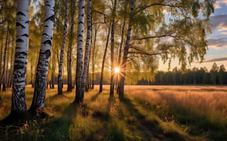 Картинка берёзовая роща, берёзы, закат, HD, игра света и тени, 16:9, природный пейзаж, рабочий стол, летний день, дальний лес, зелёная листва, нейросеть, ИИ, золотистое освещение, естественная красота, небо с облаками, умиротворённая атмосфера, 1920х1080, мягкий свет, поле, чёрные отметины на коре, солнечные лучи, тёплые оттенки, высокая трава, тропинка, природная гармония, свисающие ветви, 2k, 4k, рассвет, белые стволы, русская природа