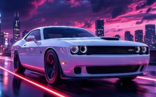 Картинка стиль киберпанк, городская эстетика, агрессивный передний бампер, высотные здания с подсветкой, HD, урбанистический ночной пейзаж, драматичное небо с пурпурными облаками, контрастная цветовая палитра, 1920х1080, глянцевая кузовная поверхность, белый Dodge Challenger SRT, нейросеть, неоново-розовые световые линии, воздухозаборник на капоте, низкопрофильные шины, массивная решётка радиатора, динамичные блики на металле, ИИ, 16:9, мускулистые колёсные арки, круглые светодиодные фары, акцент на