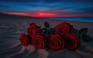 Картинка ИИ, нейросеть, тёмно-зелёные глянцевые листья, рабочий стол, изящные стебли с тонкими прожилками, деликатная зернистость песка, тёмно-синяя гладь моря, едва заметные углубления от лепестков, тонкие перистые облака, 16:9