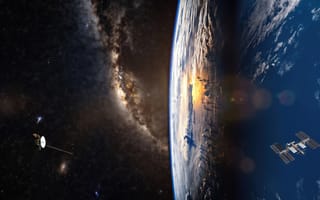 Картинка космос, Земля, HD-, закат-из-космоса, фантастика, -для-ПК, полумесяц, нейросеть, 1920х1080, Млечный-Путь, рендеринг, океан, научно-фантастический, темный-фон, 16:9, зонд, арт, 4k, эстетика, Международная-космическая-станция, галактика, 2k