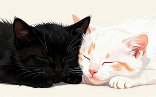 Картинка чёрный котёнок, милые котята, домашний уют, 2k, HD, ИИ, контраст цветов, гармония чёрного и белого, пастельный, атмосфера уюта, безмятежность, кошачья дружба, пушистые котята, ласковые питомцы, нежность и покой, кошачья идиллия, 4k, белый котёнок с рыжими пятнами, 16:9, эмоциональная иллюстрация, рабочий стол, иллюстрация котов, 1920х1080, тёплые оттенки, арт с кошками, уютная сцена, спокойный сон, расслабленные коты, трогательный момент, художественная стилизация, нейросеть, мягкие линии