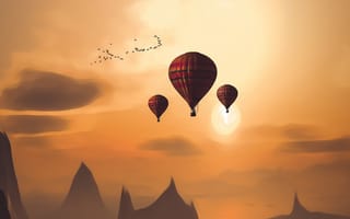 Картинка воздушный шар, небо, произведение искусства, закат, цифровое искусство, художник, пейзажи