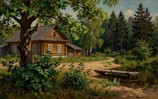 Картинка русская деревня, деревенский пейзаж, прибрежная растительность, деревенская идиллия, живописный пейзаж, уютный уголок, спокойная гладь воды, зелёная листва, извилистая тропинка, лесная чаща, лесная опушка, русская глубинка, 1920х1080, рабочий стол, отражение в воде, деревенский быт, высокие ели, нейросеть, HD, 4k, тёплые оттенки, бревенчатый дом, 16:9, деревянный мосток, тихий пруд, берёзовая роща, 2k, гармония с природой, солнечный день, ИИ, летний пейзаж, природа России, деревянная изба