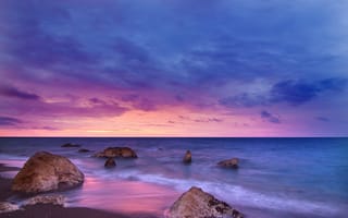 Картинка морской берег, закат, пейзажи, пляж, скалы, океан, вода