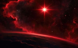 Картинка красная звезда, звёздные блики, рабочий стол, светящаяся атмосфера, глубокий космос, космический пейзаж, драматичная палитра, межзвёздное пространство, интенсивное свечение, эффект дифракции света, контрастные тени, звёздная пыль