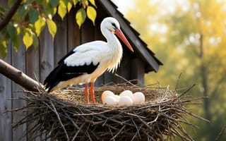 Картинка белый аист, сельская местность, длинные ноги, момент тишины, деревянная постройка, 1920х1080, тёплый свет, зелёная листва, HD, гнездо из веток, чёрно-белое оперение, ИИ, рабочий стол, ожидание потомства, гармония природы, 4k, 16:9, спокойная сцена, яйца аиста, 2k, символ семьи, Цикония цикония, птичье гнездо, нейросеть, природный пейзаж, размытый, оранжевый клюв, аист в гнезде