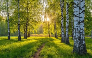 Картинка берёзовая роща, солнечный день, 4k, кроны деревьев, игра света и тени, залитая солнцем поляна, лёгкий полумрак под кронами, густая листва, белая кора, контраст белого и зелёного, рабочий стол, тёмные пятна на стволах, зелёная трава, мягкий световой ореол
