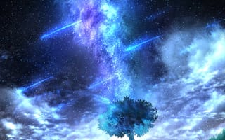 Картинка падающие звёзды, небо, ночь, пейзажи, аниме одинокое дерево
