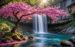 Картинка водопад, цветущая сакура, камни у воды, скалы и водопад, скалы с мхом, живописный водопад, мох на камнях, 4k, цветущее дерево, гармония природы, нейросеть, природный пейзаж, сакура у водопада, скалистый берег, цветущие ветви, дикая природа, солнечный свет сквозь листву, 16:9, 2k, каскад воды, изумрудная вода, атмосферный пейзаж, бирюзовая вода, HD, рабочий стол, ИИ, горная река, лепестки сакуры на воде, розовые цветы сакуры, умиротворяющий пейзаж, дерево сакуры, 1920х1080, озеро у водопада