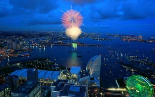 Картинка япония, йокогама, фестиваль фейерверков, здания, вид сверху, город