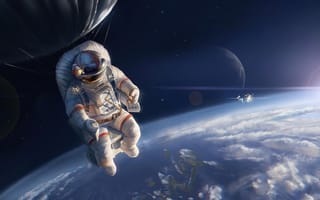 Картинка космический костюм, астронавт, космос, земля, плавающий, произведение искусства