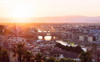 Картинка Италия, панорама, мост, городской пейзаж, город, вечер, сумрак, утро, рассвет, закат, солнечный свет, поселение людей, горизонт, Флоренция