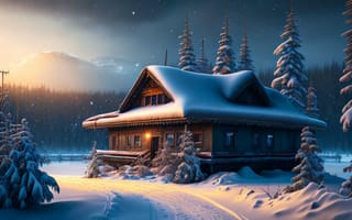 Картинка Сибирь, лес, свет, холод, мороз, природа, 3д графика, домик, станция, пейзаж, зима, ai сгенерирован, цвет, ночь