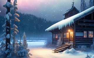 Картинка Сибирь, лес, свет, станция, зима, пейзаж, природа, мороз, цвет, холод, ночь, домик, 3д графика