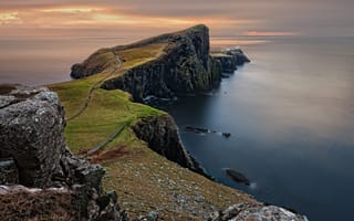 Картинка Шотландии, скалы, пейзажи, маяк, трава, бесплатные фотографии, океан