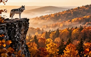 Картинка волк, серый волк, скалистый утёс, осенний лес, лёгкий туман, 4k, лесная долина, эпичный вид, величие природы, хвойные деревья, закатное солнце, дикая природа, одинокий волк, HD, осенние деревья, атмосферный кадр, дикий волк, живописный пейзаж, волчанка канис, 16:9, символ свободы, природная красота, 2k, ИИ, дух дикой природы, гармония с природой, жёлтая листва, холмистый ландшафт, нейросеть, волк на скале, тёплые оттенки, лиственные деревья, грубая фактура камня, золотая осень, волк на утёсе, 