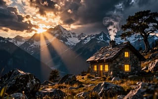 Картинка пейзаж, природа, пробивающийся свет, Альпы, красивый вид, каменный дом, тишина, сказочный пейзаж, рассвет, золотой час, горящие окна, HD, нейросеть, гармония, кавказ, склон, скалы, уютные окна, горы, вечер, трава, облака, рабочий стол, уединение, арт, ИИ, драматичное небо, тучи, хижина, солнце, заснеженные горы, 16:9, закат, альпинизм, домик, покой, дым из трубы, снег, 1920х1080, уют, камни, путешествия, валуны, 2k, солнечные лучи, сумерки, шале, туризм, одинокое дерево, свет в окнах, небо, 