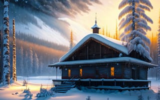 Картинка Сибирь, лес, ai сгенерирован, пейзаж, станция, холод, зима, свет, 3д графика, природа, цвет, ночь, домик, мороз