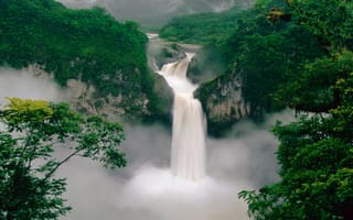 Картинка зелёный, лес, природа, пейзажи, водопад