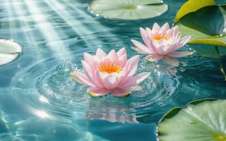 Картинка кувшинки, лотос, розовые цветы, утро, вода, нейросеть, весна, солнечные лучи, природа, 4k, лето, кувшиночные листья, нимфея, реализм, 16:9, 1920х1080, листья, HD, капли, прозрачная вода, пруд, свет, блики, бирюзовая вода, ИИ, водяная лилия, гармония