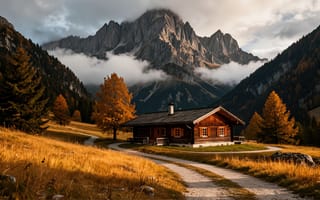 Картинка пейзаж, природа, Швейцария, золотая осень, хвойный лес, HD, грунтовая дорога, 4k, 2k, дорога, острые вершины, уют, солнечные лучи, покой, Австрия, туризм, трава, горы, желтые листья, тишина, колея, тропа, ель, хижина, осенний пейзаж, коттедж, облака на горах, 16:9, золотая трава, избушка, крыша, безмятежность, осень, вечерний свет, доломитовые альпы, лиственница, 1920х1080, рабочий стол, ИИ, долина, проселочная дорога, низкие облака, окна, Италия, арт, труба, уединение, деревянный дом, закат, 