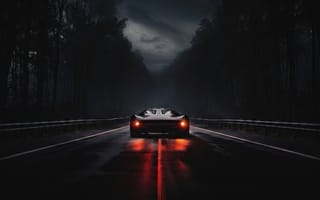 Картинка автомобиль, машина, разметка, симметрия, габариты, спорткар, сырость, лунный свет, скорость, рабочий стол, облака, заставка, путешествие, мокрый асфальт, деревья, 16:9, ночь, отражение, суперкар, нуар, фары, чаща, дымка, 2k, 4k, кинематографично