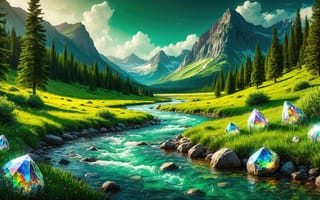 Картинка изумрудная река, кристально чистая вода, яркая зелень, изумрудные оттенки, каменистый берег, живописная долина, зелёные луга, нейросеть, 1920х1080, фантастический ландшафт, переливы цвета, ИИ, 2k, 16:9, альпийские склоны, бурлящий поток, природная гармония, многогранные драгоценные камни, величественные горы, рабочий стол, гармония воды и камня, радужные кристаллы, пушистые облака, волшебная природа, мистическая атмосфера, HD, альпийская долина, солнечный свет, хвойный лес, кристальные грани, 