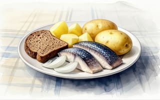 Картинка натюрморт с едой, русская кухня, уютная кухня, нейросеть, аппетитная тарелка, отварной картофель, селёдка с луком, селёдка с картошкой, клетчатая скатерть, кусочек чёрного хлеба, сельдь с чёрным хлебом, HD, 16:9, традиционная русская еда, 4k, ломтики селёдки, рабочий стол, картошка с селёдкой, акварельная иллюстрация еды, реалистичная прорисовка продуктов, картофель с сельдью, дольки лука, сельдь с картофелем, еда в акварельной технике, ностальгический образ, 1920х1080, ИИ, классическое