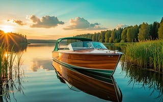 Картинка катер, лодка, моторная лодка, деревянный катер, вечер, солнечные лучи, бирюзовое небо, золотой час, деревья, облака, стекло, летний пейзаж, 16:9, кучевые облака, иллюстрация, гладь воды, пейзаж, озеро, речной пейзаж, зеркальная вода, арт, заводь, отдых