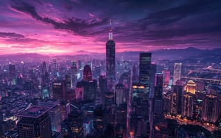 Картинка Тайбэй, Тайбэй 101, 4k, облака, урбан, Тайвань, на ПК, ночной город, нейросеть, город, иллюминация, огни города, неон, высотки, фиолетовый неон, ночь, силуэты гор, мегаполис, заставка, городской пейзаж, розовый закат, перспектива, HD, цифровая графика