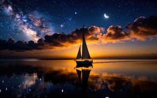 Картинка пейзаж, природа, звезды, море, фантастический пейзаж, путешествие, вода, созвездия, нейросеть, подсвеченные облака, Млечный путь, облака, 4k, звездная ночь, покой, рабочий стол, лодка, полумесяц, приключение, ИИ, 1920х1080, галактика, парусник, Луна, космос, рассвет, тучи, зеркальная вода, идеальное отражение, яхта, космический пейзаж, ночь, плавание, корабль, медитация, романтика, парус, океан, золотой час, горизонт, 16:9, зарево, закат, арт, штиль, 2k, силуэт, HD, водная гладь, темно-синее