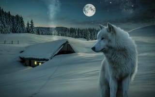 Картинка 3D, snow, little house, wolf