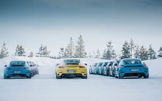 Картинка porsche, синий и желтый, снег, машины, лед, суперкары, разное