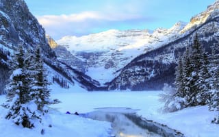 Картинка озеро Луиз, горы, зима, деревья, Канада, Банф, пейзаж, озеро