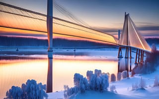Картинка мост, река, утро, зима, рассвет, пейзажи, пейзаж