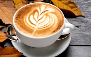 Картинка кофе, чашка, напитки, листья, напиток осень, завтрак