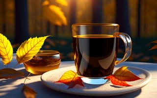 Картинка чай, черный, напиток, напитки, чашка, бокэ, листья, дерево, стекло