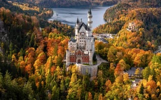 Картинка Нойшванштайн, замок, озеро, лес, осень, природа, Германия, пейзажи