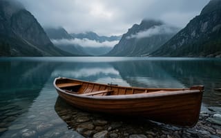 Картинка пейзаж, природа, лето, атмосфера, каменистый берег, покой, весна, туризм, отражение, 4k, Альпы, горное озеро, пики, вершины, Канада, пасмурно, берег, 16:9, 1920х1080, осень, заставка, Норвегия, прозрачная вода, нейросеть, 2k, река, реализм, весельная лодка, деревянная лодка, склоны, горы, чистая вода, корма, бирюзовая вода, хмурое небо, зеркальная вода, озеро, путешествия, рабочий стол, тишина, туман, ущелье, облака, ИИ, скалы, дзен, гармония, галька, каменистое дно, лодка, дымка, водоем, HD, 