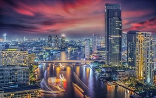 Картинка таиланд, Бангкок, река, промежуток времени, здания, городской пейзаж, небо, город
