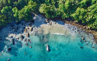 Картинка сейшельские острова, океан, пейзажи, деревья, лодка, остров, вид с воздуха, природа