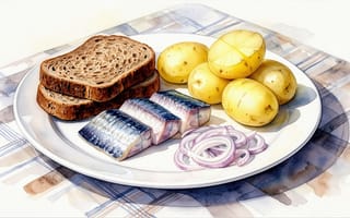 Картинка натюрморт, еда, картошка в мундире, тарелка, клетчатая скатерть, лук, русская кухня, черный хлеб, нейросеть, скатерть, кусочки рыбы, филе рыбы, рыба, 4k, рисунок, 16:9, акварель, иллюстрация, рабочий стол, репчатый лук, кольца лука, 1920х1080, ИИ, ржаной хлеб, акварельный рисунок, HD, белая тарелка, ломтики хлеба, 2k, картофель, заставка, арт, молодой картофель, хлеб, реализм, селедка, кулинария, сельдь