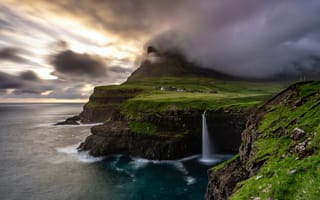 Картинка фарерские острова, каскад, пейзаж, водопад, скалы, пейзажи