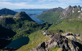 Картинка Норвегия, Лофотенские острова, море, природа, камень, небо, пейзажи, горы, залив