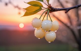Картинка черешня, вишня, лучи солнца, рассвет, зеленые листья, плоды, крупный план, сочность, рабочий стол, нейросеть, сад, утренняя роса, капли после дождя, 2k, 1920х1080, HD, веточка, заставка на телефон, эстетика, спелые ягоды, 16:9, макро, желтая черешня