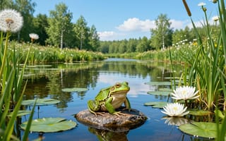 Картинка лягушка, жаба, фото высокого разрешения, пейзаж, отражение в воде, зеленая лягушка, солнечный день, березы, березовый лес, белые цветы, листья кувшинки, водная гладь, кувшинки, кувшинка белая, озеро, деревья, 16:9, камыш, пруд, умиротворение, водоем