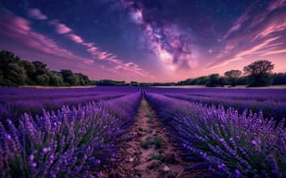 Картинка пейзаж, природа, эстетика, ИИ, гармония, поле, сумерки, 2k, 4k, цветение, звезды, лето, фиолетовое небо, земля, космос, сиреневое небо, ряды лаванды, галактика, HD, перистые облака, 1920х1080, космический пейзаж, Франция, лаванда, подсвеченные облака, розовые облака, романтика, рабочий стол, 16:9, лес на горизонте, тропинка, закат, лавандовое поле, деревья, фиолетовые цветы, Прованс, нейросеть, фантастический пейзаж, ночь, Млечный путь, арт, кусты лаванды, рассвет, звездная ночь, красивый вид, 
