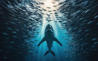 Картинка акула, большая белая акула, природа, морские обитатели, драма, 2k, ИИ, подводная съемка, HD, рабочий стол, арт, дикая природа, стая рыб, подводный мир, синяя вода, под водой, вид снизу, косяк рыб, рыбы, океан, солнце, динамика, 1920х1080, фауна, коридор из рыб, стихия, симметрия, море, мелкая рыба, блики, лучи солнца, хищник, водный мир, челюсти, 16:9, опасный хищник, 4k, нейросеть, глубина, свет сквозь воду